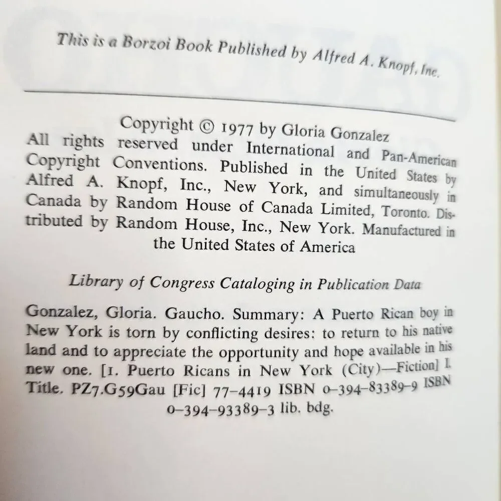 Gaucho hardback youth book vintage Puerto Rican Bronx drama fiction